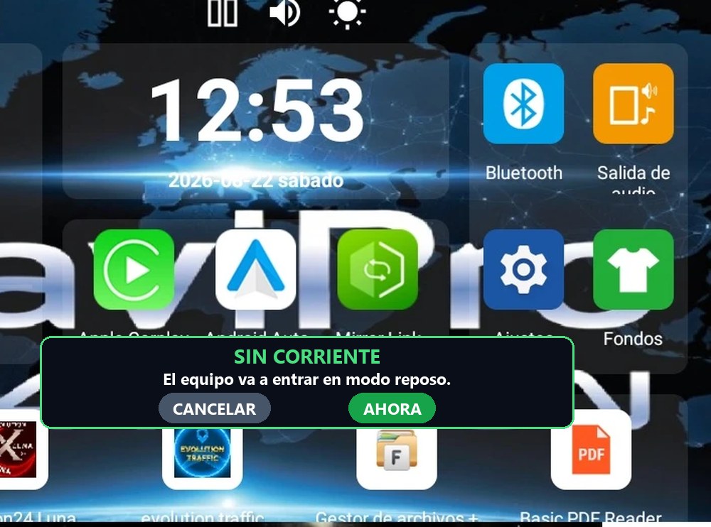 El aviso que sale al quitar el contacto: Sin corriente, el equipo va a entrar en modo reposo, con los botones Cancelar y Ahora