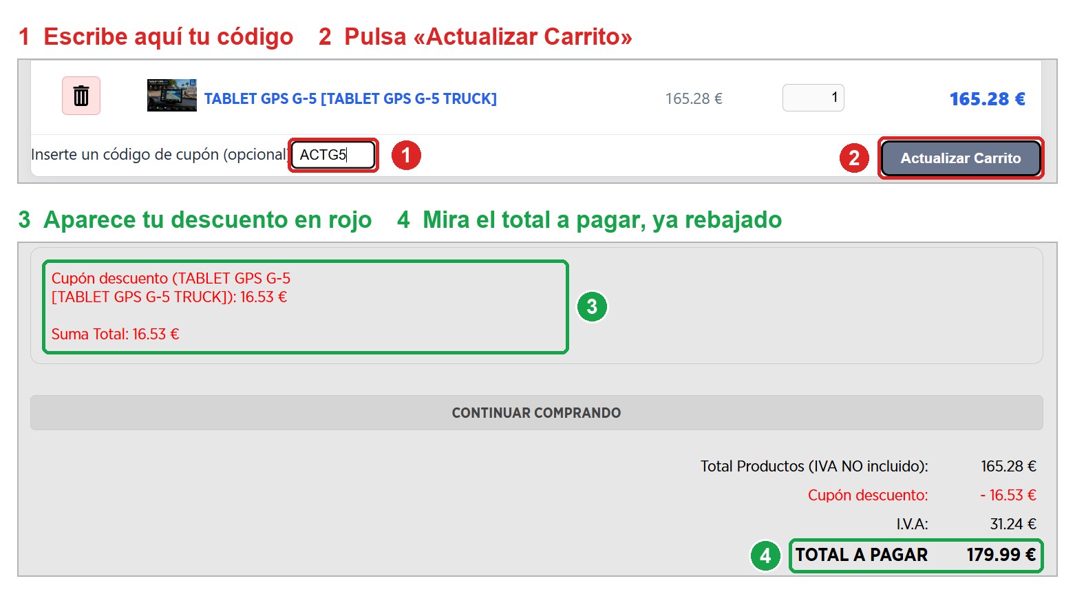 Cómo meter el código ACTG5 en el carrito