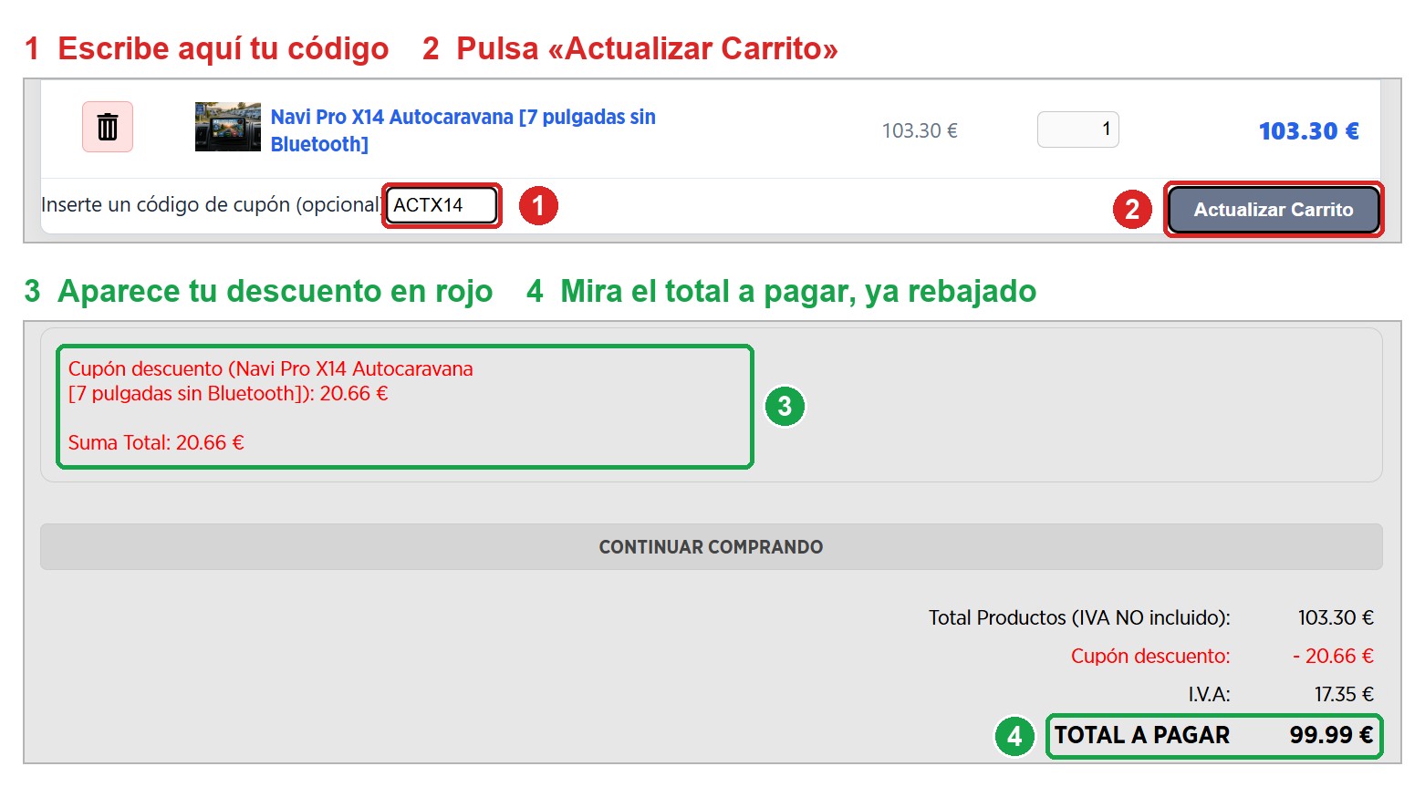 Cómo meter el código ACTX14 en el carrito