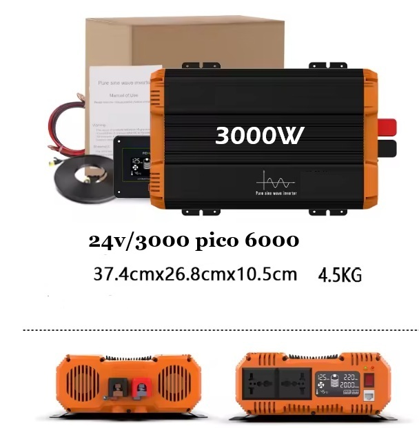 Inversor de Corriente Onda Sinusoidal Pura 24 V a 220 V 3000 W (6000 W Pico) con Pantalla LCD