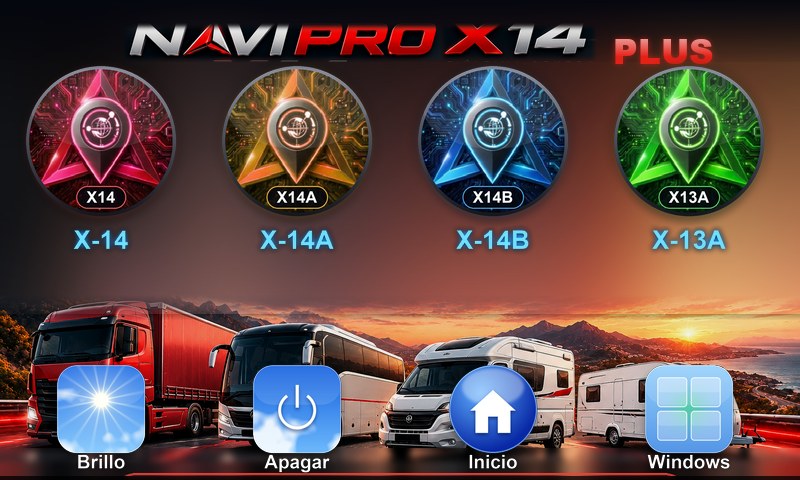 Pantalla de inicio del Navi Pro X14 PLUS con los cuatro programas