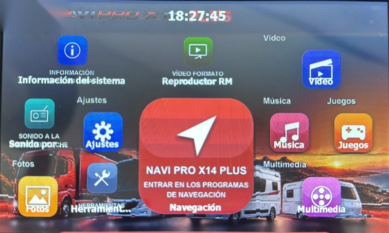 Menu principal del Navi Pro X14 PLUS: navegacion, musica, video y fotos